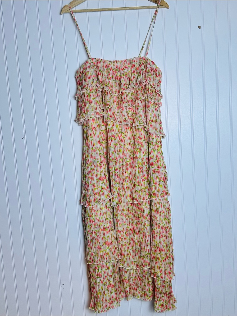 Something Navy Floral Pleated Tiered Dress S Romantic Chiffon Ruffle Pull On. - Picture 4 of 13